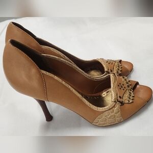 BCBGirls Tan Peep-Toe Heels with Croc Trim and Stud Accents